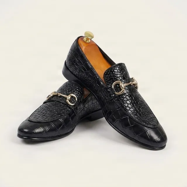 Black crocodile horsebit loafers