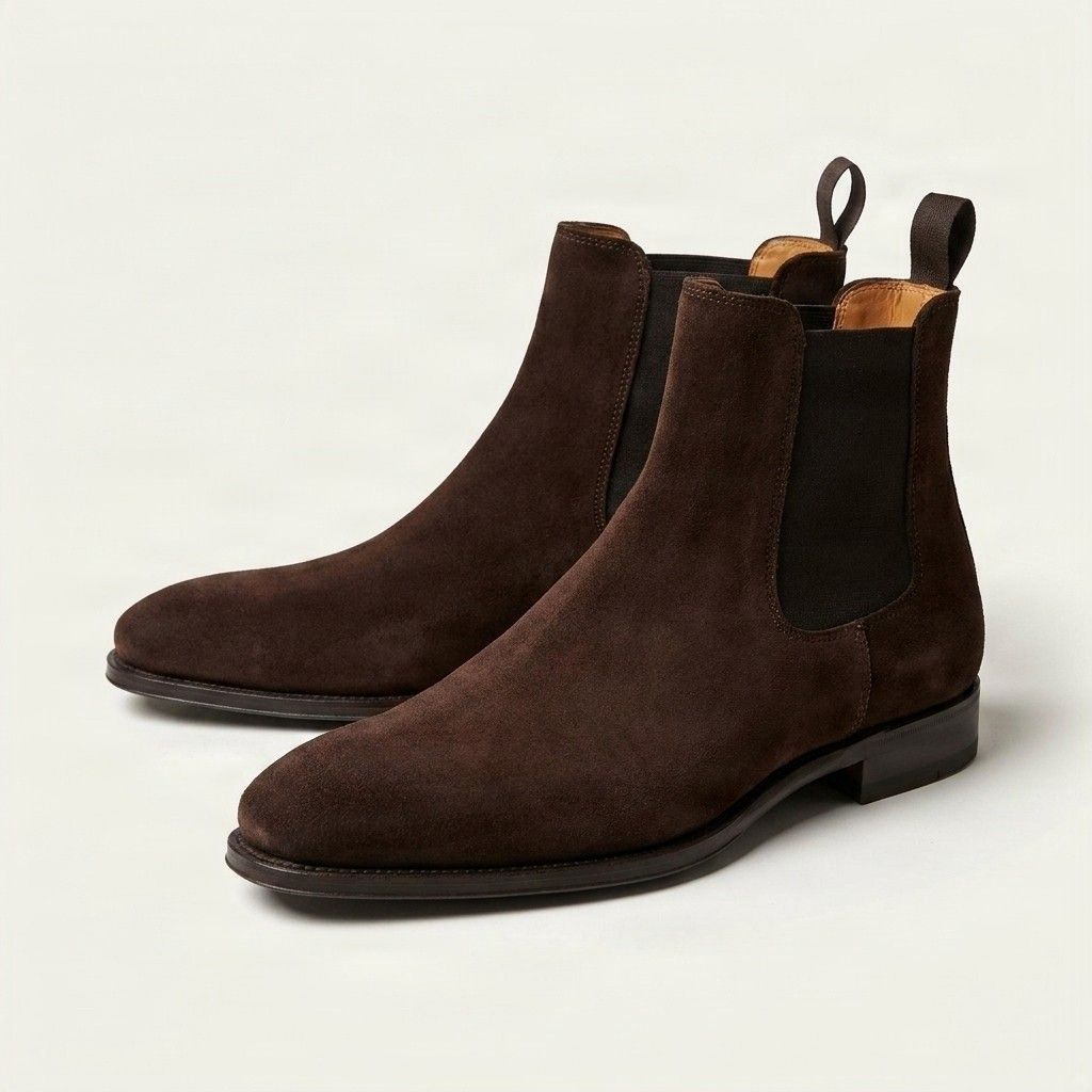 Brown suede chelsea boots pull tab