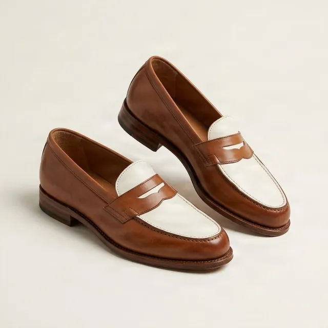 Brown and white leather penny loafers