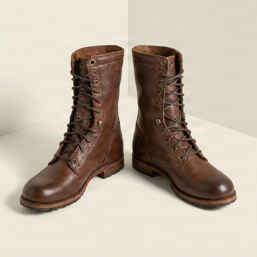 Brown leather combat boots