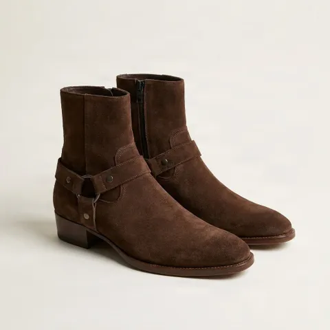 Brown suede harness boots