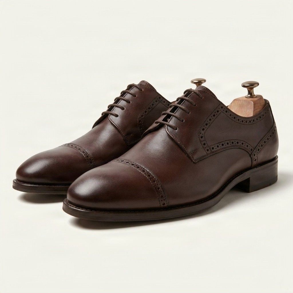 Brown leather cap toe brogues medallion punching