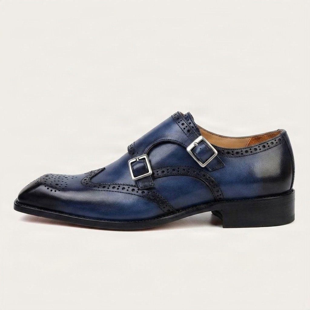 Blue leather double monk strap shoes