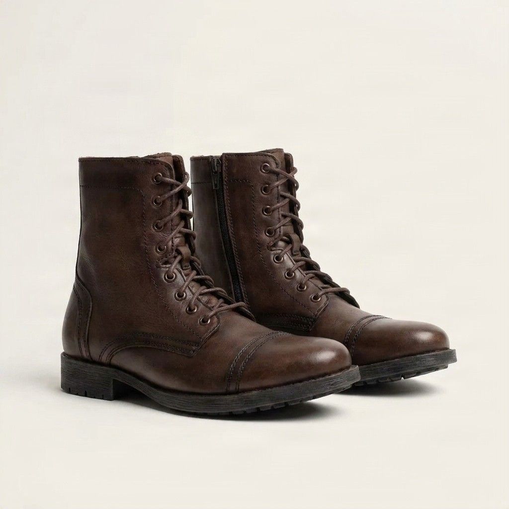 Brown leather combat boots side zip