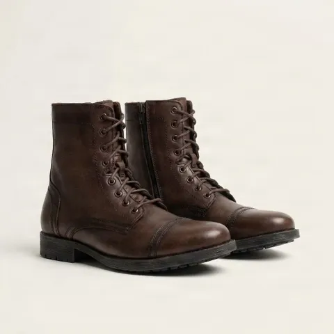 Brown leather combat boots side zip