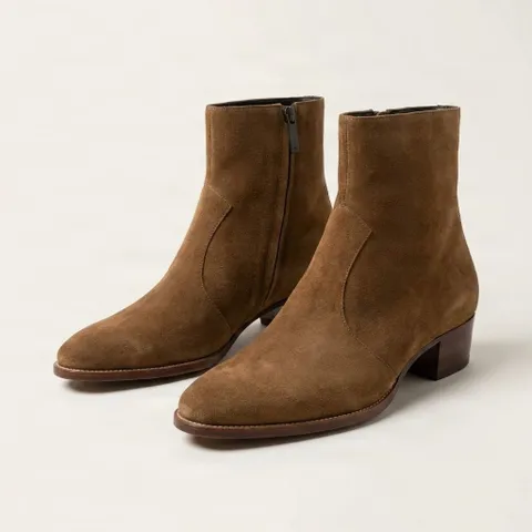 Tan suede heeled ankle boots side zipper