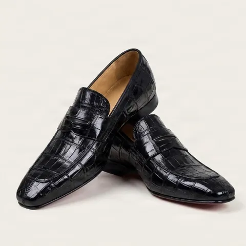 Black alligator penny loafers