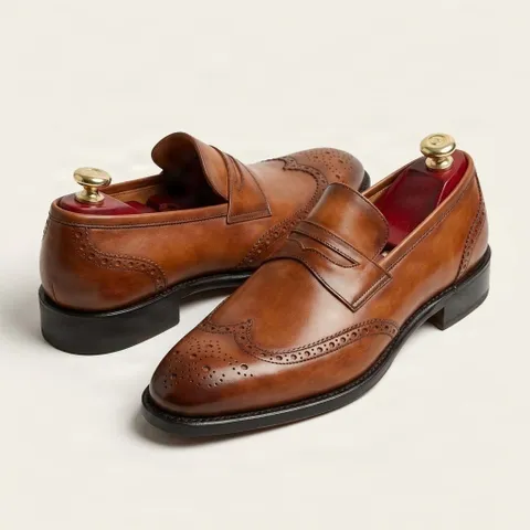 Brown penny loafers leather shoes