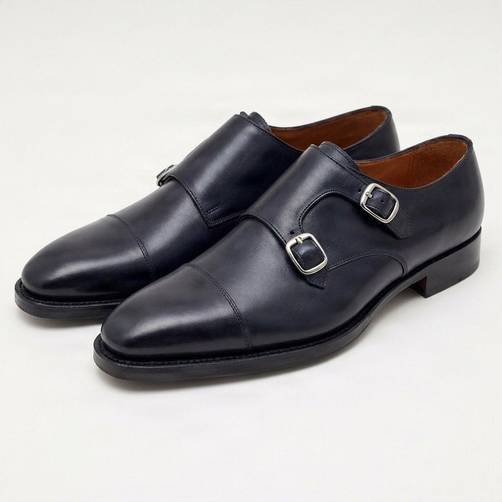 Navy leather double monk strap shoes