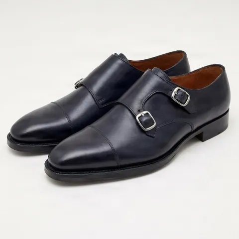 Navy leather double monk strap shoes
