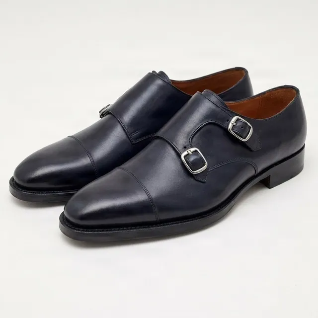 Navy leather double monk strap shoes