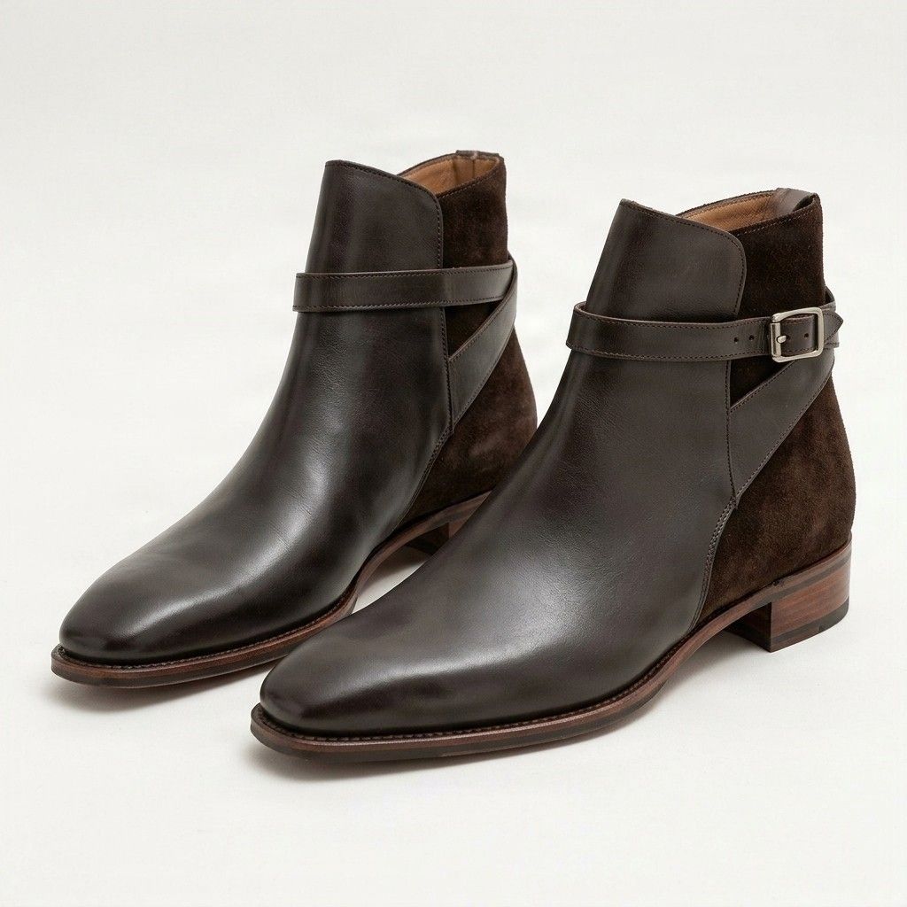 Brown suede jodhpur boots buckle heel