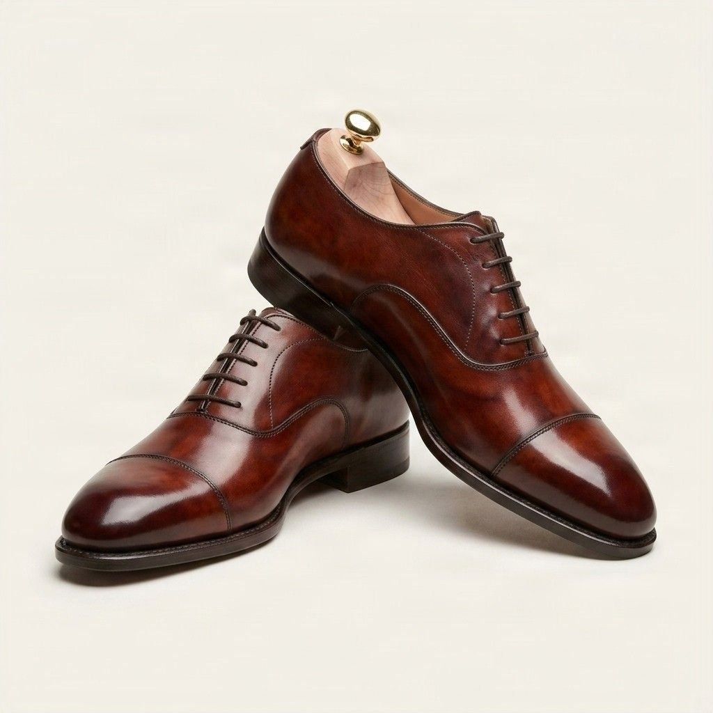 Burgundy leather oxford shoes cap toe seam