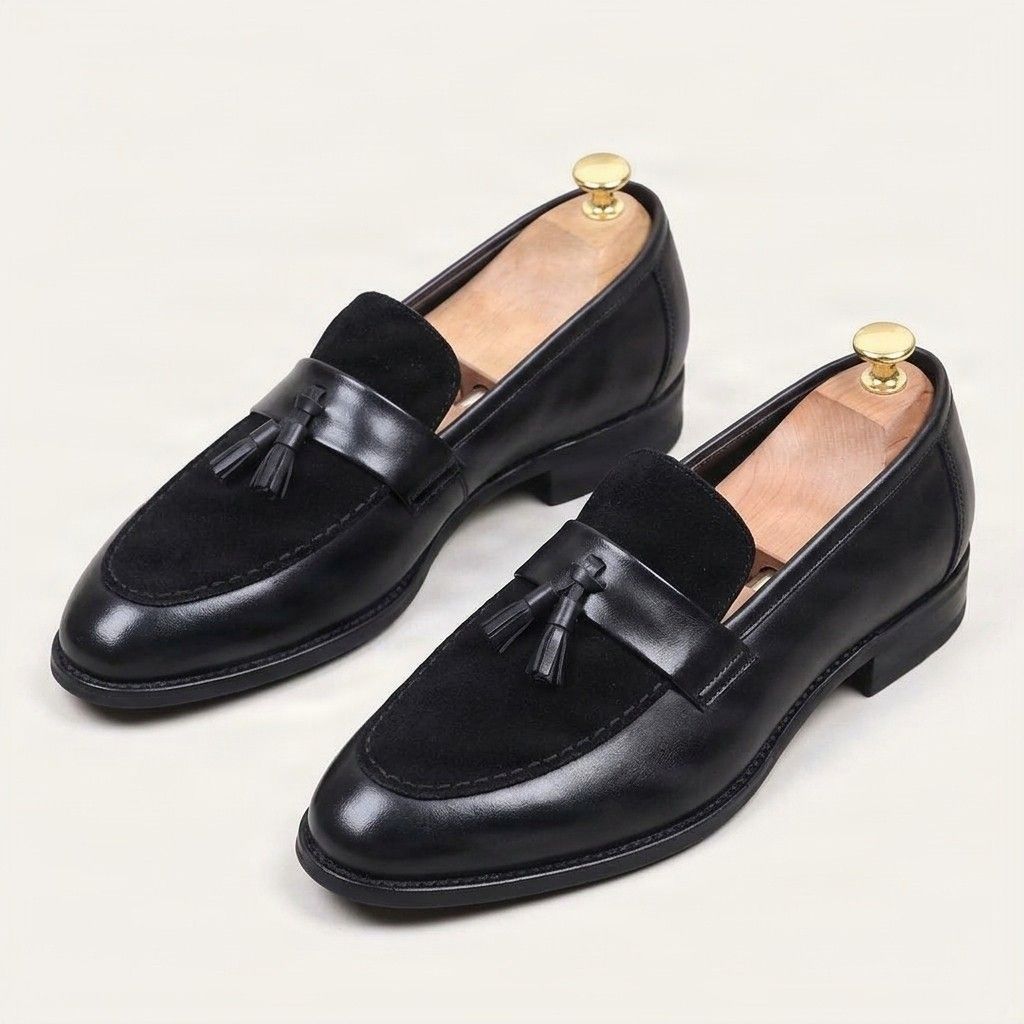Black suede tassel loafers