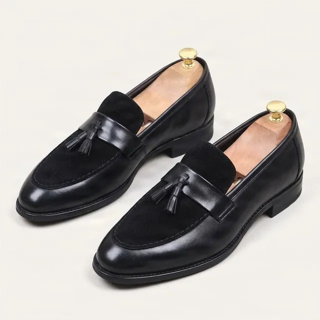 Black suede tassel loafers