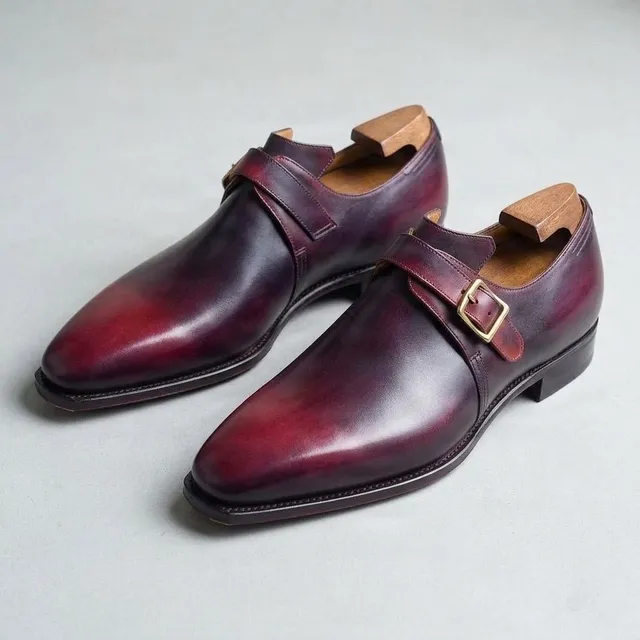 Burgundy leather monk strap shoes pointed toe