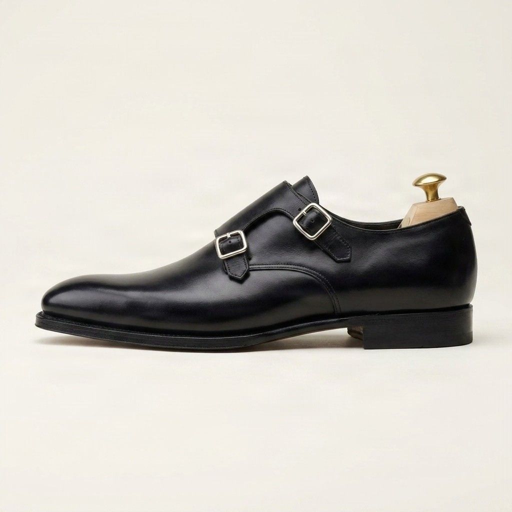 Black leather double monk strap shoes plain toe