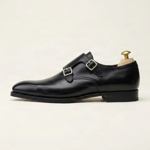 Black leather double monk shoes