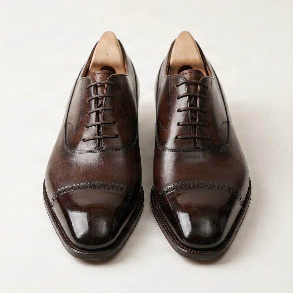 Brown leather oxford shoes cap toe brogue
