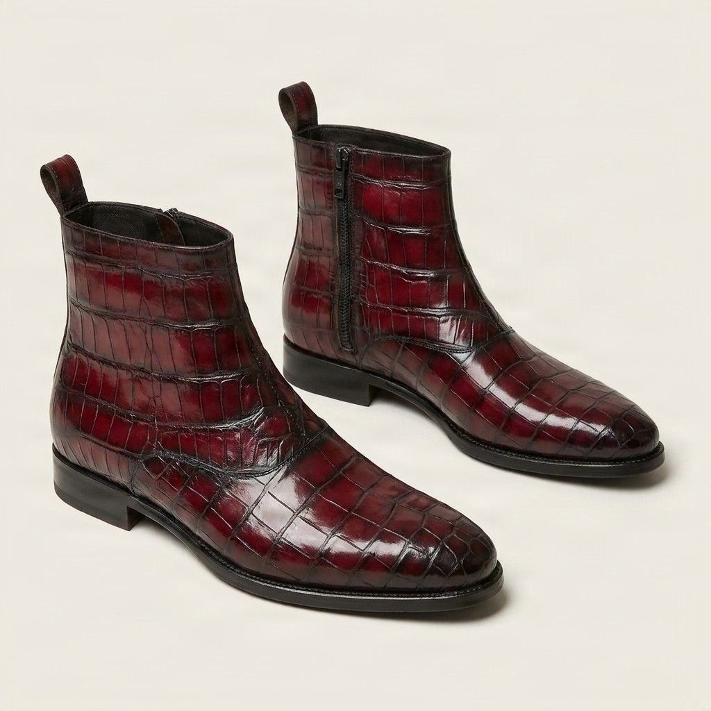 Burgundy alligator Chelsea boots