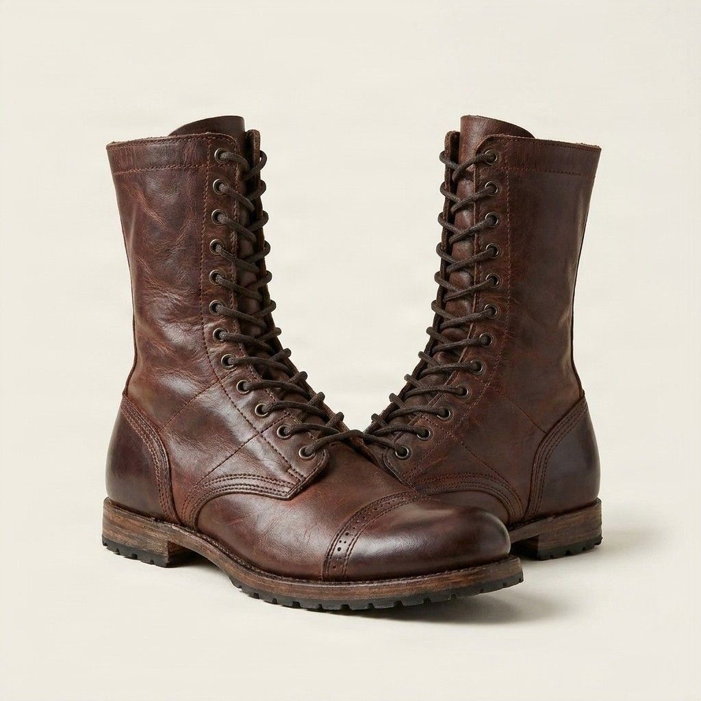 Brown leather combat boots cap toe