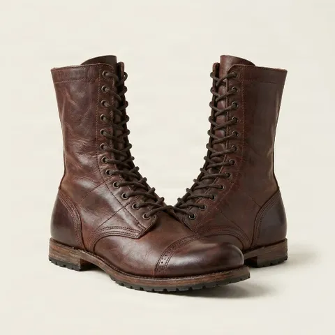 Brown leather combat boots cap toe