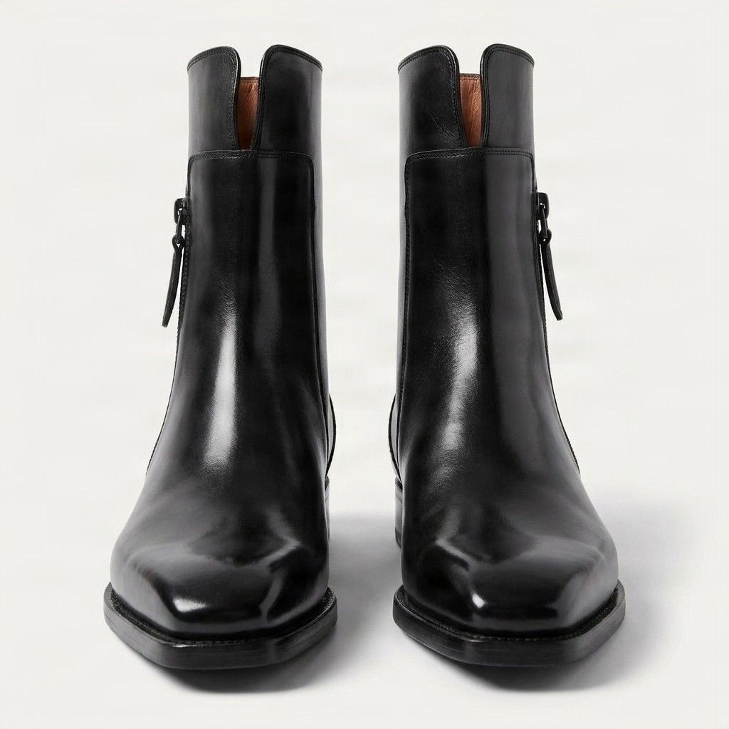 Black leather ankle boots pull tab