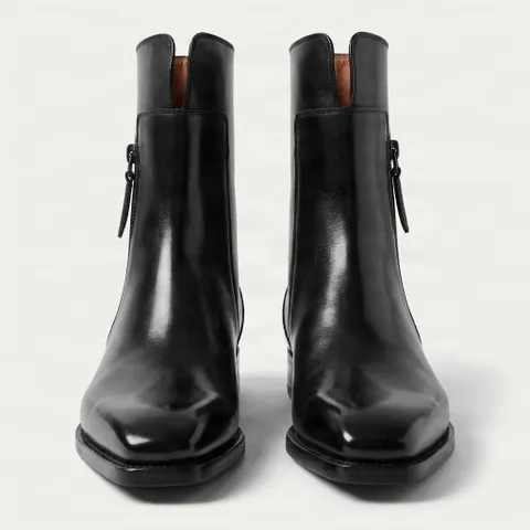 Black leather ankle boots pull tab