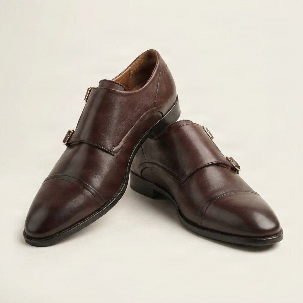 Burgundy leather double monk strap shoes