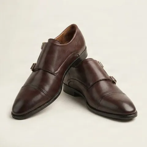 Burgundy leather double monk strap shoes