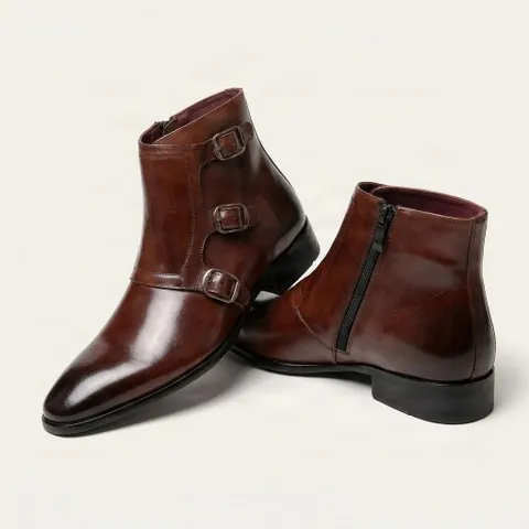 Brown leather triple monk strap ankle boots
