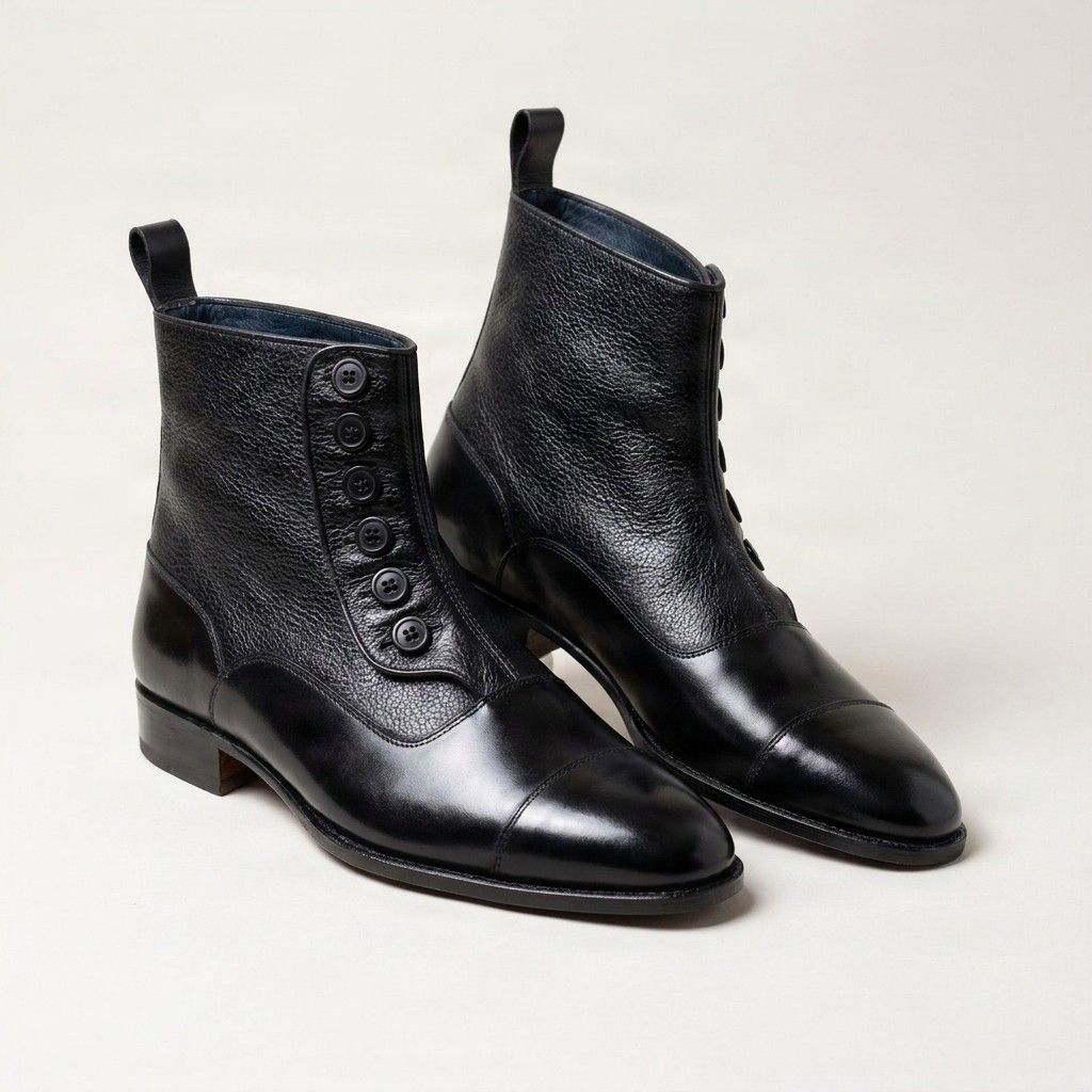 Black leather dress boots cap toe buttons