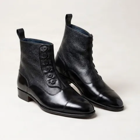 Black leather dress boots cap toe buttons