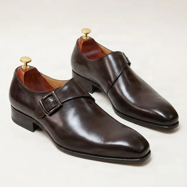 Brown leather monk strap shoes square toe
