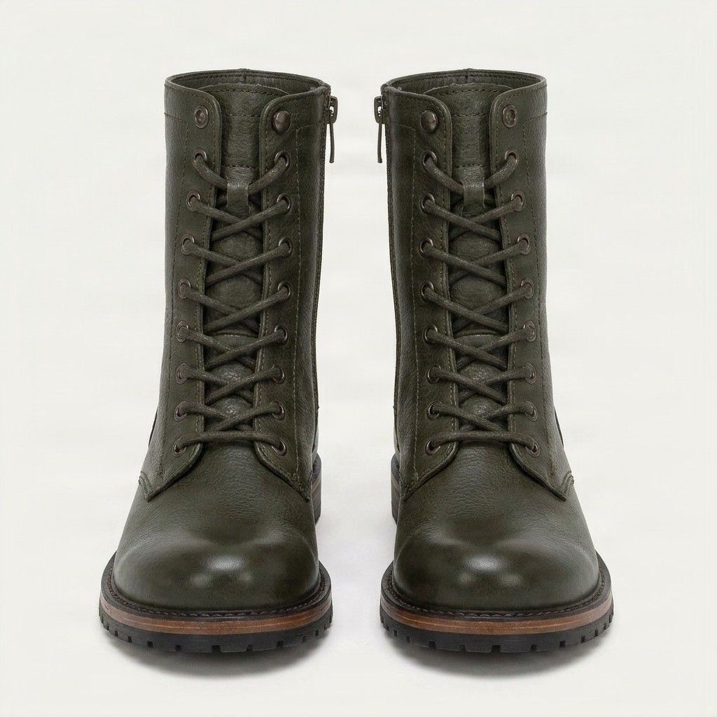 Green leather combat boots