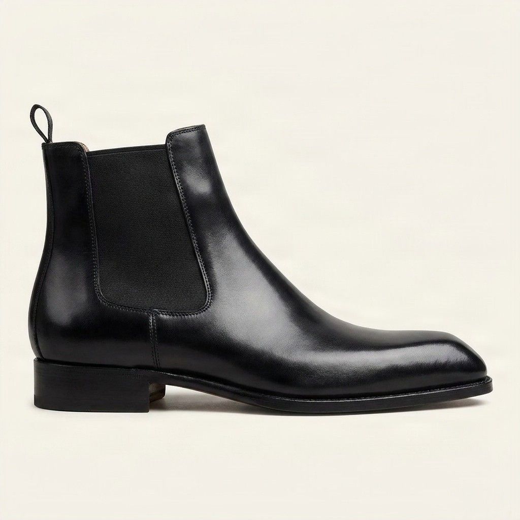 Black leather chelsea boots pull tab