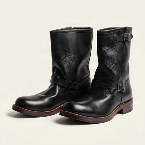 Black leather engineer boots instep