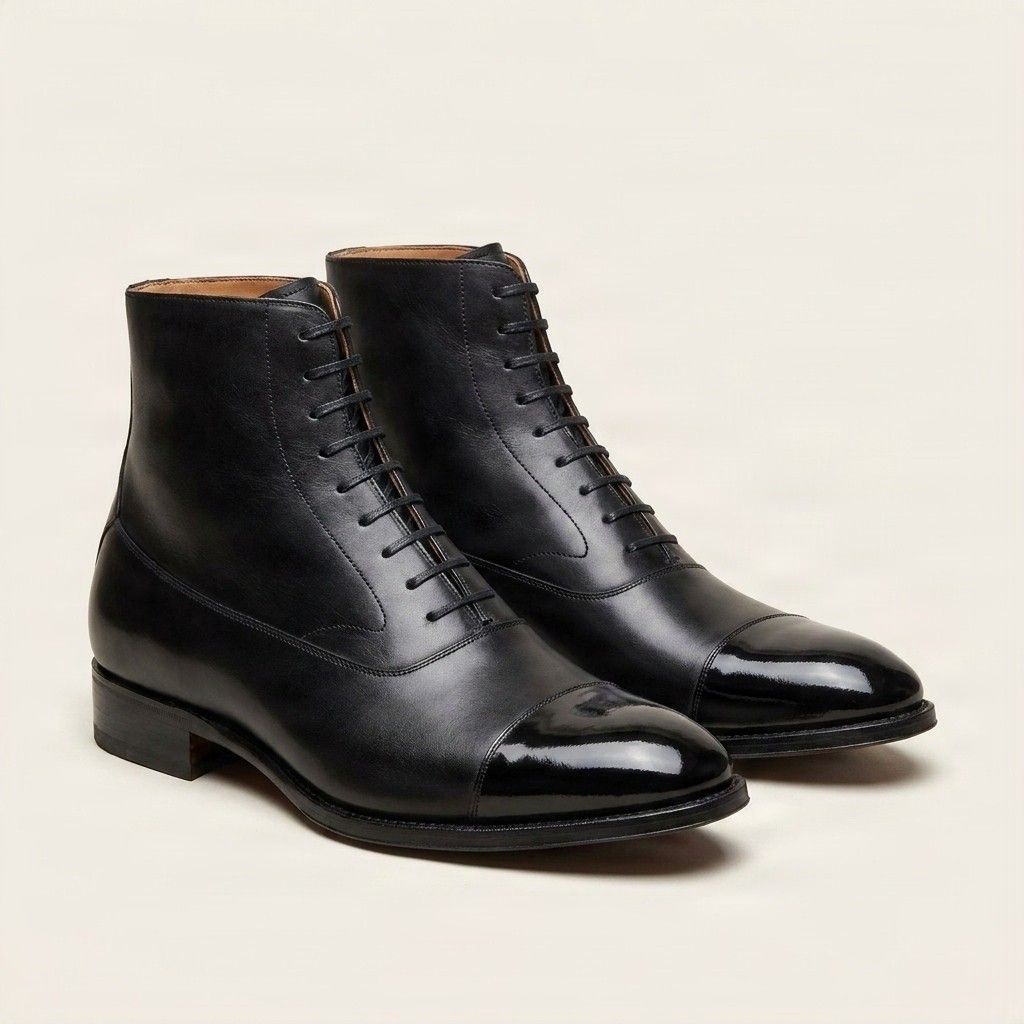 Black leather dress boots cap toe patent