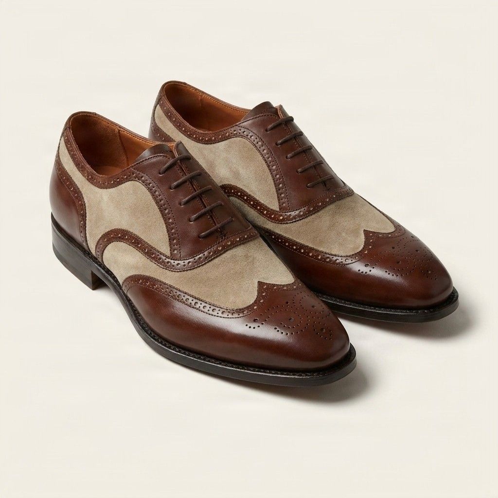 Brown and beige brogues leather shoes