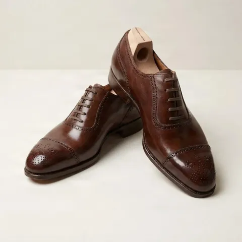 Brown leather oxford shoes cap toe round brogue