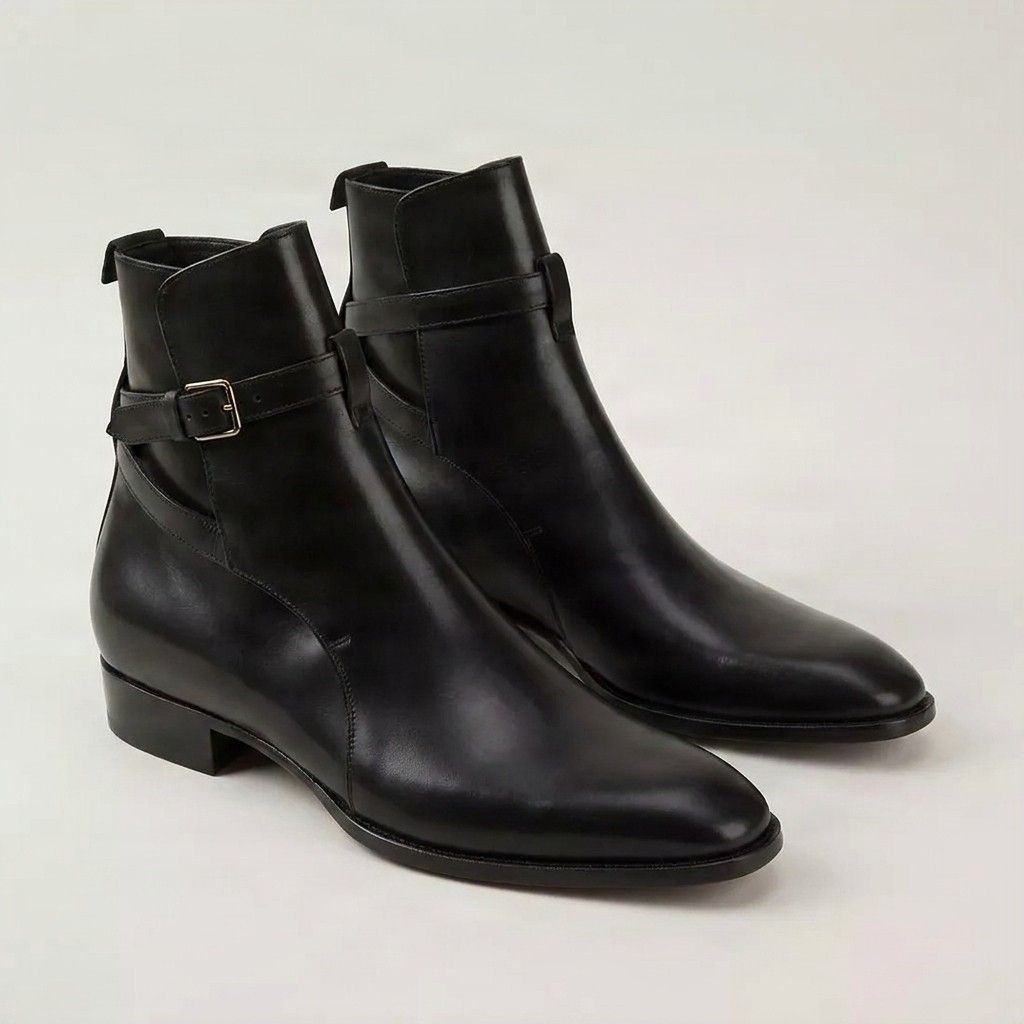 Black leather jodhpur boots pointed toe buckle