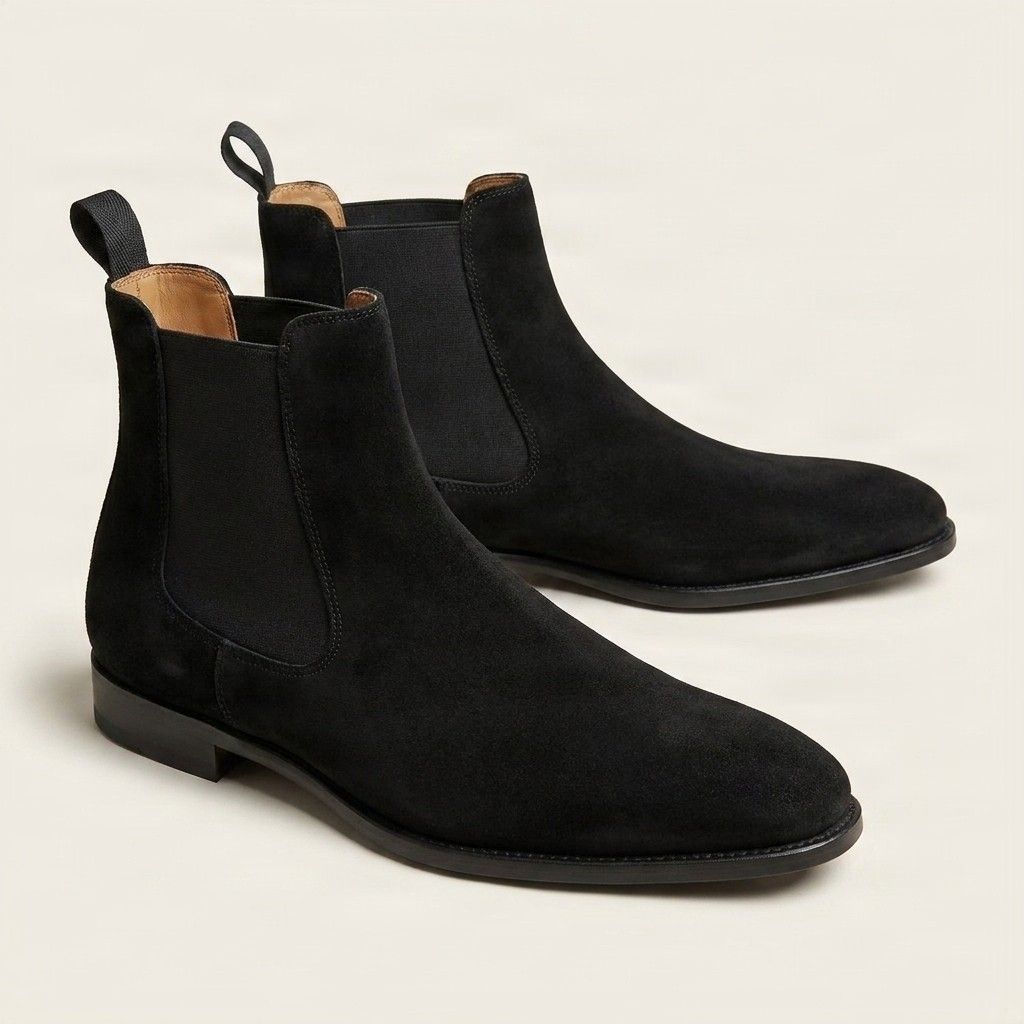 Black suede chelsea boots pull tab